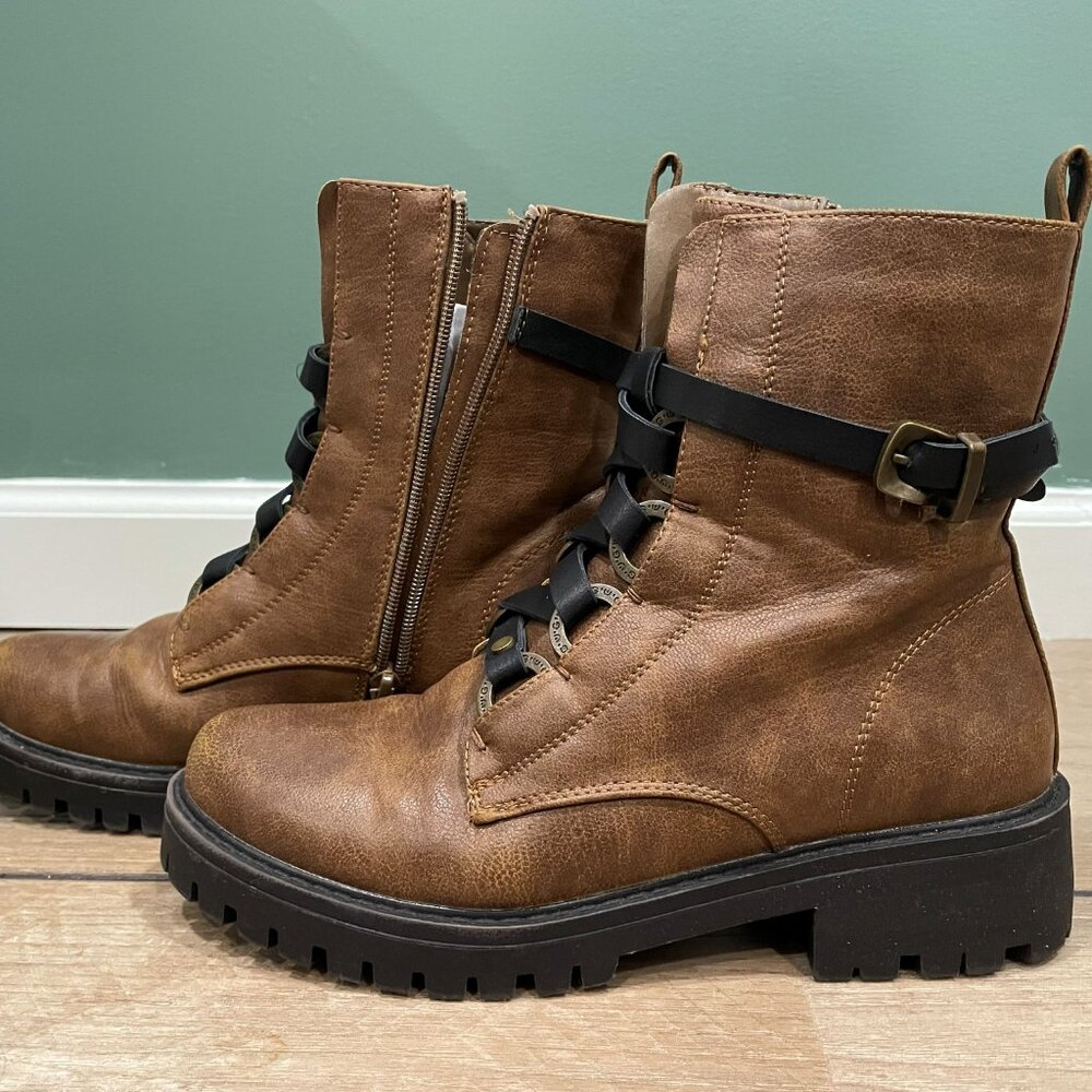 Brown Faux Leather Combat Style Lace up Boots by GlobalWin